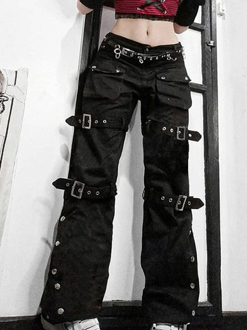 Eyelet Buckle Cyber Punk Goth Baggy Jeans - Alt Style Clothing
