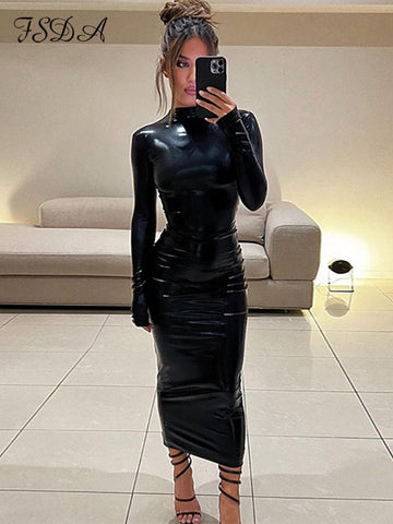 Midi Bodycon Turtleneck Long Sleeve Pu Leather Part Dresses - Alt Style Clothing