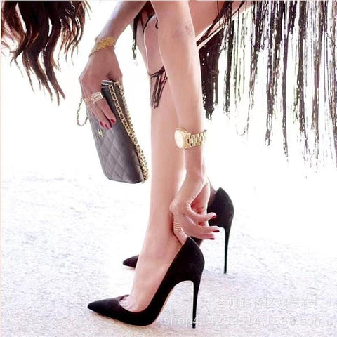Flock High Heels Pumps Pointed Toe Classic - Alt Style Clothing