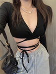 Gothic Tie-Up Crop Top - Thin Material with Long Sleeves - Alt Style Clothing