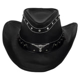 Western Leather Cowboy Hat - Black Hat with Cow Head Decoration