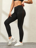 High-Waisted Femme Fitness Leggings - Solid Color with Mesh and PU Leather Patchwork Design - Alt Style Clothing