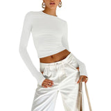 Slim Fit Long Sleeve Crop Top - Crew Neck with Thumb Holes and Solid Color
