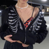 Rhinestone Skeleton Hoodie Oversized Jacket - Alt Style Clothing