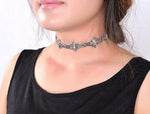 Hesiod Vintage Short Choker Necklace - Antique Silver Plated Metal with Unique Geometric Crystal Pendant for Goth and Metalhead Women - Alt Style Clothing