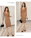 Knitted Belt Long Sleeve Slim Bodycon Dress With V-Neck - Alt Style Clothing