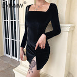 LVINMW Velvet Square Collar Side Split Bodycon Dress - Alt Style Clothing