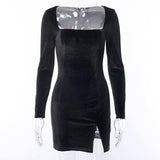 LVINMW Velvet Square Collar Side Split Bodycon Dress - Alt Style Clothing