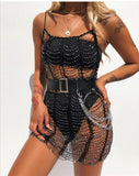 Sexy Mesh Rhinestones Perspective Diamond Fishnet Bodycon Dress - Alt Style Clothing