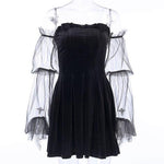 Gothic Black Sexy Slash Neck Mesh Splice Hollow Out Puff Long Sleeve Mini Dress - Alt Style Clothing