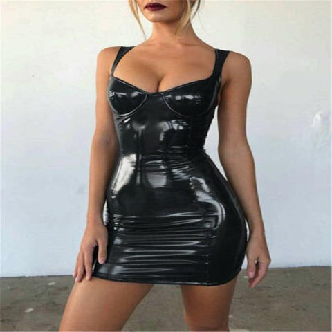 Get Ready to Turn Heads with Our Black Sexy Faux Leather Backless Club Party Short Wet Look Micro Dress - Alt Style Clothing
