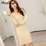 Knitted Belt Long Sleeve Slim Bodycon Dress With V-Neck - Alt Style Clothing