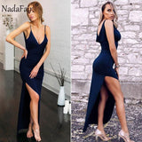 Nadafair Backless Split Spaghetti Strap Bodycon Dress With V-Neck - Alt Style Clothing