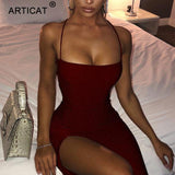 Articat Long Backless Spaghetti Strap High Split Bodycon Maxi Dress - Alt Style Clothing