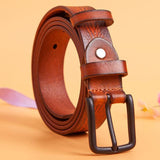 Embossing Brown Genuine Leather Buckle Belt - Alt Style Clothing