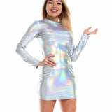 Sexy Metallic Reflective Holographic Turtleneck Long Sleeve Mini Bodycon Dress - Alt Style Clothing