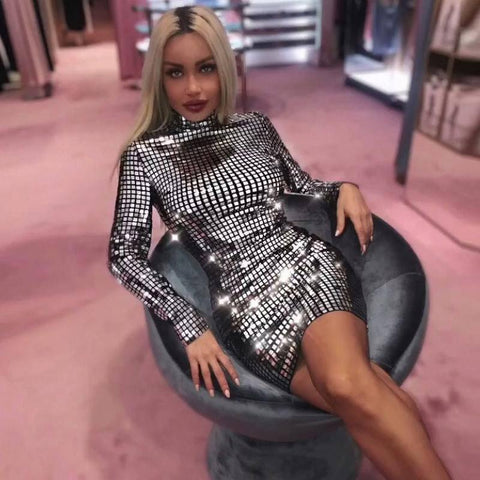 Ohwera Brin Prader Wears Silver Lenses, Compact Silver High Collar Mini Party Dress - Alt Style Clothing