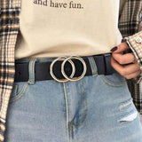 Double Ring Circle Button Belt Leisure Leather Belt - Alt Style Clothing