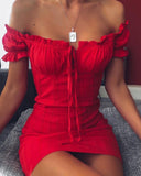 Sexy Off Shoulder Smocked Bodycon Mini Dress With Ruffles - Alt Style Clothing