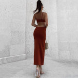 Trendy Waist Hollow Out Backless Bandage Party Long Dress With V-Neck - Alt Style Clothing