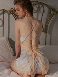 Silk Nightgown with Beauty Back Design - Sling Lace Embroidery and V-Neck Nightdress - Alt Style Clothing