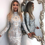 Sexy Sequined Neck Slim Long Sleeve Above Knee Mini Pencil Dress - Alt Style Clothing