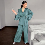 Solid Color Sleepwear Loose Flare Home Pants Three Quarter Sleeve Satin Robe - Alt Style Clothing