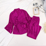 Solid Color Sleepwear Loose Flare Home Pants Three Quarter Sleeve Satin Robe - Alt Style Clothing