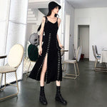 Get Your Gothic Style on Point with Black Vent Asymmetrical Long Spaghetti Strap Sleeveless Loose Fit Gothic Dress - Alt Style Clothing