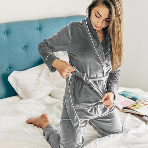 Velvet Warm Pajamas For Women Bathrobe Female Set Solid Pocket Long Sleeves - Alt Style Clothing
