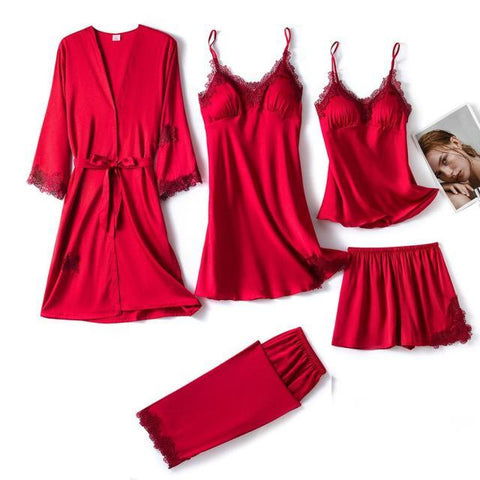 QIANTANG Women's 5PC Silk Robe Sleep Suit with Lace Satin Pajamas Gown Set and V-Neck - Alt Style Clothing
