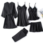 QIANTANG Women's 5PC Silk Robe Sleep Suit with Lace Satin Pajamas Gown Set and V-Neck - Alt Style Clothing