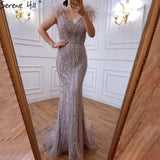 Serene Hill Nude Luxury Mermaid Evening Gown Feathers Beaded Sexy For Women Formal Party - Alt Style Clothing
