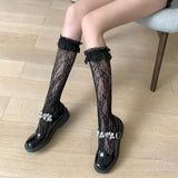 Cute Bow Lace Top Thigh High Stockings With Hollow Out Fishnet Over Knee - Alt Style Clothing