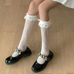 Cute Bow Lace Top Thigh High Stockings With Hollow Out Fishnet Over Knee - Alt Style Clothing